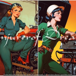 Retro Mechaniker Girl Power AI Art Digital Download 4er Set