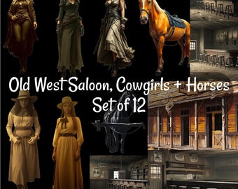 Conjunto de download digital de 5 imagens de fundo e 12 clipart do Old West Saloon and Cowgirls