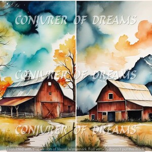 May include: Four watercolor paintings of red barns in a rural setting. The paintings feature a variety of landscapes, including fields, fences, and trees. The barns are painted in a realistic style, with details such as windows, doors, and roofs.
