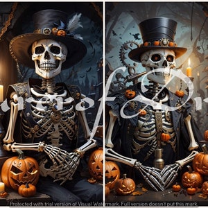 Steampunk  Halloween Skeleton AI Art Digital Download Set of 4