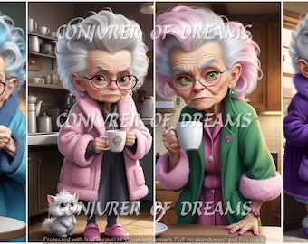 Grumpy Senior Woman Coffee Time AI Art Digital Download Set of 4