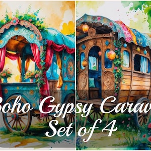 Può includere: Dipinto ad acquerello di quattro roulotte bohémien gitane. Ogni roulotte è riccamente dettagliata con strutture in legno ornate, tende colorate ed elementi decorativi. Il testo "Boho Gypsy Caravan Set of 4" è visualizzato in bianco.