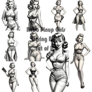 Retro pin-ups grijswaarden kleurplaten digitale downloadset van 10