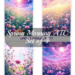 Puede incluir: Conjunto de cuatro tarjetas ATC que muestran un campo de flores rosas y moradas con un cielo colorido. Las tarjetas tienen el texto "Spring Morning ATC Set of 4".