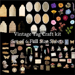Kit de manualidades con etiquetas y elementos vintage, descarga digital, conjunto de 6 páginas completas