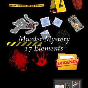 May include: A murder mystery game with 17 elements. The game includes a crime scene, a victim, a suspect, a weapon, a fingerprint, a bloodstain, a map, a photo, a folder labeled "Evidence", and a yellow cone with the number 2 on it.