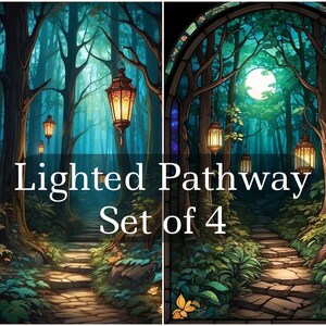 May include: A set of four digital illustrations depicting a stone pathway lined with glowing lanterns in a dark forest. The path leads to a bright light at the end. The text "Lighted Pathway Set of 4" is displayed in the center of the image.