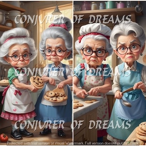 May include: Five women in a kitchen, wearing aprons and hats, are baking cookies. They are all looking at the camera with different expressions. The cookies are on a baking sheet and in a bowl. There are also some cookies on the counter.