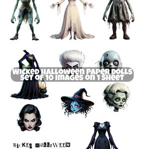以下が含まれることがあります： ハロウィーンをテーマにした10種類の紙人形のイラストが1枚のシートにまとめられており、ゾンビ、白いドレス、人形、大釜を持つ魔女、いくつかのキャラクターの頭部などが描かれ、WICKED HALLOWEEN PAPER DOLLSという文字が含まれています。