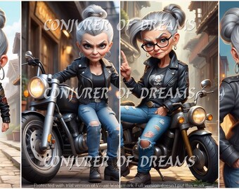 Conjunto de 4 ilustraciones digitales de Grumpy Biker Grandma