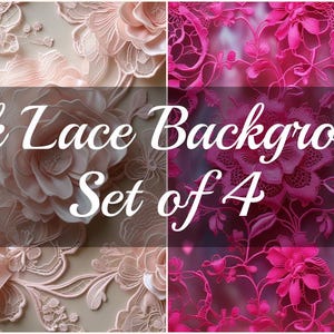 May include: A set of four pink lace backgrounds with floral and ornamental designs. The image features varying shades of pink, from light blush to vibrant fuchsia. Text overlay reads "Pink Lace Background Set of 4".