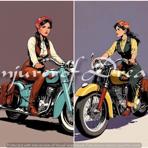 Retro Motorradfahrer Mädchen Power AI Art Digital Download 4er Set