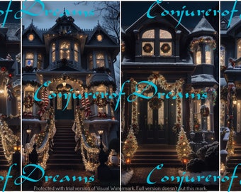 Spooky Christmas Mansion AI Art Digital Download Set of 4