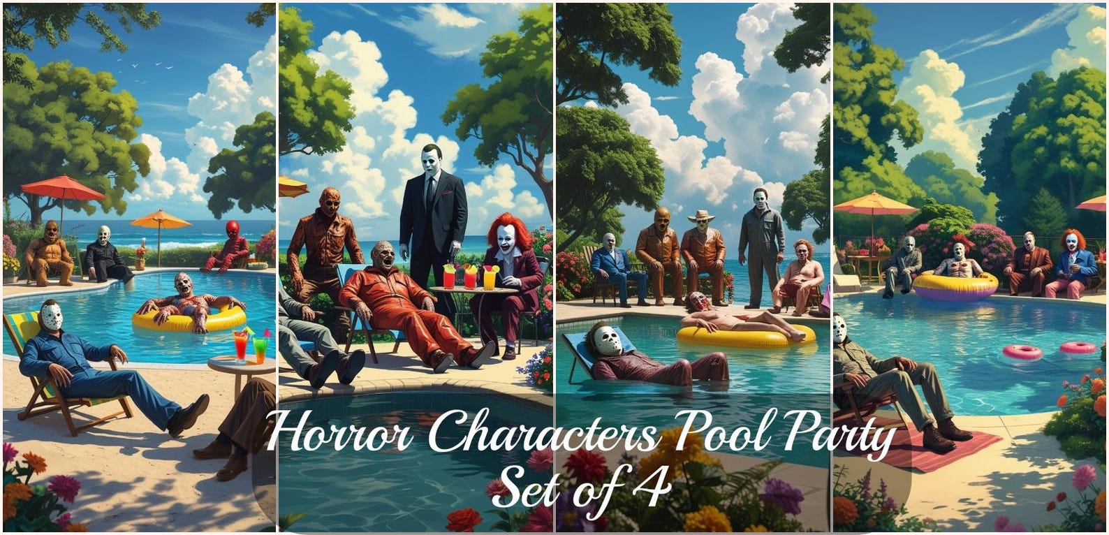 Horror Pool Animation Horror Movie Characters Pool Party Digital Download Set of 4 - Etsy