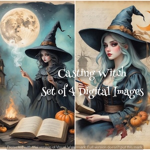 May include: Set of four digital images featuring a witch theme. Each image depicts a woman in a black witch hat and dress, with a full moon in the background. Pumpkins and autumn leaves are also present.
