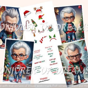 May include: A collection of Christmas-themed digital art prints featuring a grumpy elderly person with glasses. The illustrations include festive elements like Santa hats, ornaments, and humorous text. The art style is cartoonish and colorful, perfect for holiday decor.