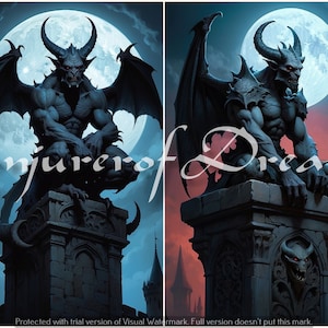 Puede incluir: Obra de arte digital en cuatro paneles que representa una criatura alada y con cuernos sobre una estructura de piedra. La criatura es musculosa y oscura, con un fondo de luna llena y arquitectura gótica. El texto "Conjurer of Dreams" es visible.