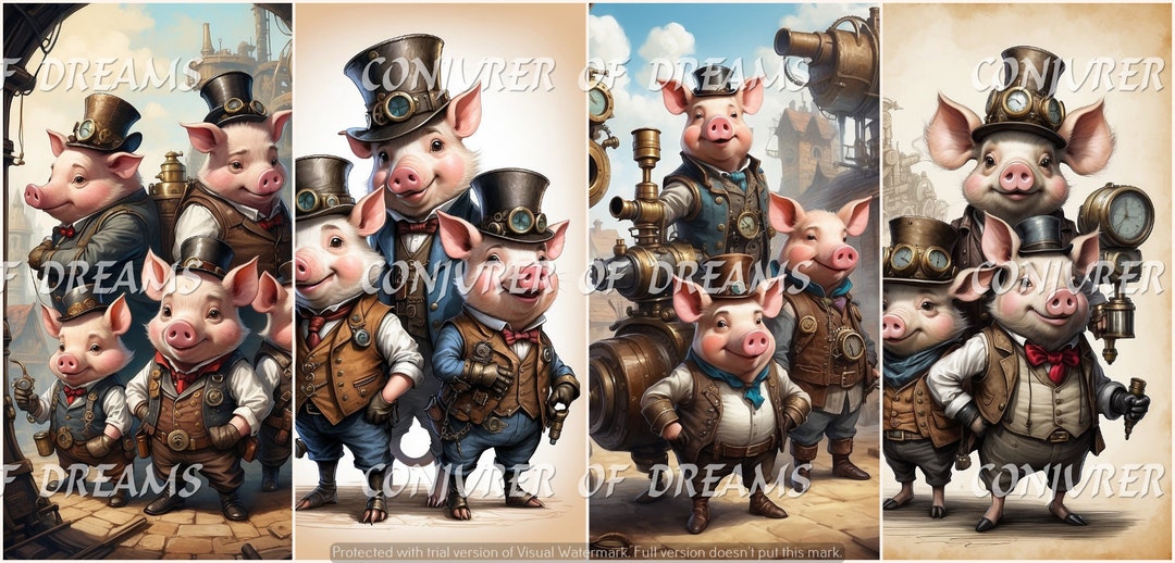 Three Little Pigs Steampunk Style AI Art Digital Download Set of 4 - Etsy