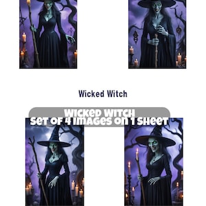 以下が含まれることがあります： Wicked Witchと題された1枚のシートに4つの画像が並んでおり、緑色の肌をした人物が黒いドレスととんがり帽子を身にまとい、火のついたキャンドルが付いた木の杖を持ち、紫がかった暗い森を背景に立っている様子が描かれています。