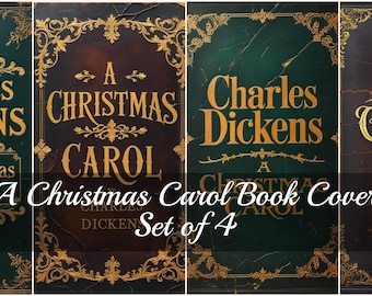 May include: Set of four antique book covers of "A Christmas Carol" by Charles Dickens. The covers are in shades of green and brown with gold lettering and ornate designs. The text "A Christmas Carol Book Cover Set of 4" is also visible.