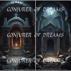 May include: A series of four digital art prints depicting gothic architecture interiors. Each scene features stone structures, staircases, and skulls. The text "CONJURER OF DREAMS" and "F DREAMS" is visible in white. The overall color palette is dark with a focus on blues and grays.