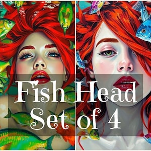 May include: Set of four digital paintings featuring a woman with red hair and fish surrounding her head. The text "Fish Head Set of 4" is in the center of the image.