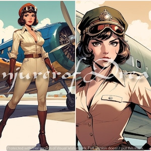 Retro Pilot Girl Power AI Art Digital Download 4er Set