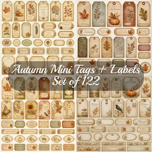 May include: A collection of 122 autumn-themed mini tags and labels featuring various designs of pumpkins, fall leaves, sunflowers, birds, and mushrooms in warm earth tones. The text Autumn Mini Tags + Labels Set of 122 is overlaid in the center.