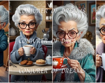 Grumpy Senior Old Lady Morning Coffee Art Digital Download Set of 4