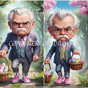 May include: A cartoon illustration of a man in a blue suit and pink shoes holding a basket of colorful Easter eggs. The man has a grumpy expression on his face and a mustache. The background is a green and pink spring scene with flowers and trees.