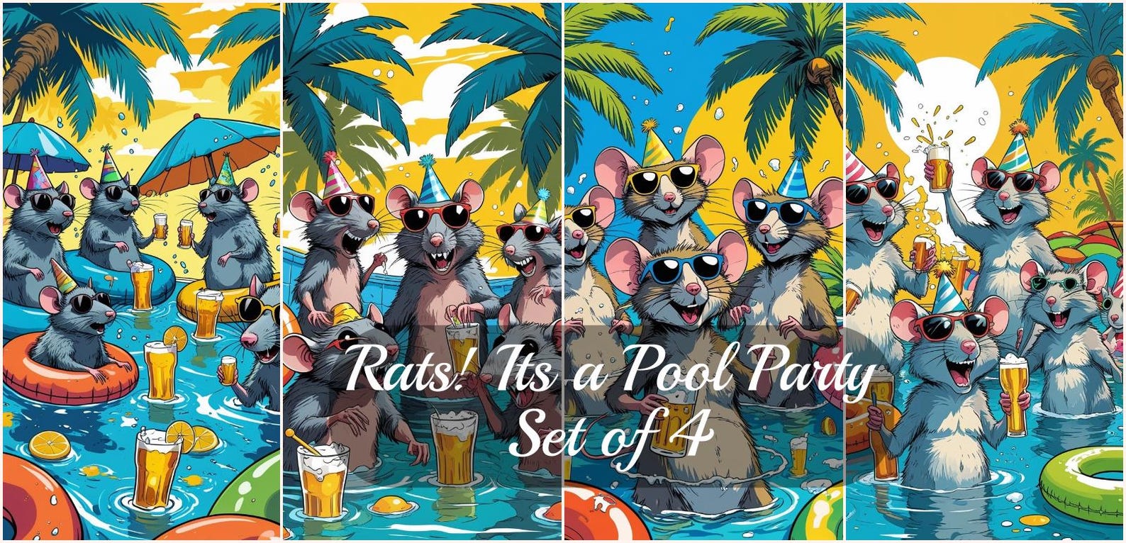 Pool Side Rat Rats Its a Pool Party Digital Download Set of 4 - Etsy