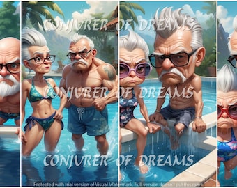 Grumpy Seniors Swimming Pool AI Art Digital Download Set of 4