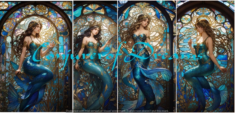 Stained Glass Mermaids AI Art Digital Download Set of 4 image 1