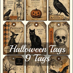 May include: A set of nine rectangular paper tags featuring vintage-style Halloween illustrations including a skeleton, pumpkin, crow, witch, black cat, skull, haunted house, ghost, and bat, all set against a sepia-toned background with text.