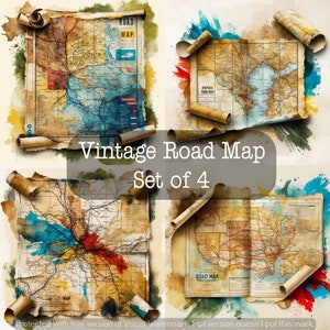 Vintage Road Map Art Descarga digital Conjunto de 4