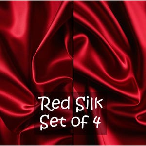 May include: Set of four red silk fabric swatches. The fabric is smooth and shiny. The text "Red Silk Set of 4" is printed on the fabric.