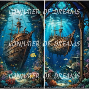 Stained Glass Sunken Ship AI Art Digital Download Set of 4