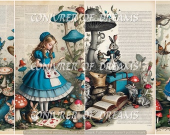 Alice Book Pages AI Art Digital Download Set of 4