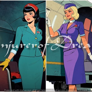 Retro Stewardess Girl Power AI Art Digital Download 4er Set