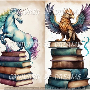 May include: Four fantasy creatures, a dragon, a unicorn, a griffin, and a pegasus, are each perched atop a stack of vintage books. The dragon is reading a book, the unicorn is rearing up, the griffin is looking to the side, and the pegasus is looking to the left. The books are all different colors and have a worn, antique look.