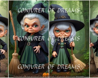 Grumpy Senior Old witch w Broom  AI Art Digital Download Set of 4