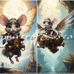 May include: Four illustrations of a white mouse with wings wearing goggles and a blue jacket. The mouse is flying in three of the illustrations, and in one illustration, the mouse is flying on a steampunk-style contraption.