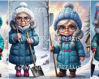 Grumpy Snow Shoveling Granny AI Art Digital Download Set of 4