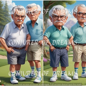 May include: Five older men wearing different colored shirts and shorts are standing on a golf course. They are all smiling and looking at the camera. The man on the far right is holding a golf club.