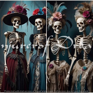 May include: A series of artistic images featuring skeletons dressed in elaborate, colorful vintage gowns and adorned with floral headpieces. The skeletons are posed in pairs against a teal backdrop, evoking a gothic or Day of the Dead theme.