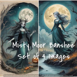 May include: A set of four digital illustrations featuring a woman in a flowing blue dress standing in a misty forest under a full moon. The text "Misty Moor Banshee Set of 4 Images" is at the bottom of the image.