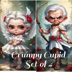 Puede incluir: Conjunto de cuatro ilustraciones de cupidos gruñones. Cada cupido está representado con alas blancas, una túnica blanca y un arco y flechas. Los cupidos tienen diferentes expresiones y peinados. El fondo es una escena de bosque con flores y vegetación.