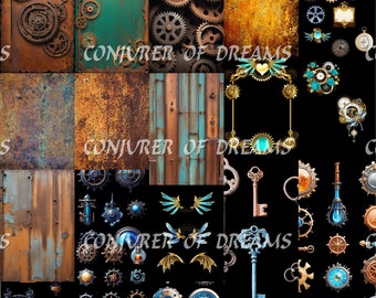 Steampunk Backgrounds and Elements AI Art Digital Download Set of 18 Full Size Sheets