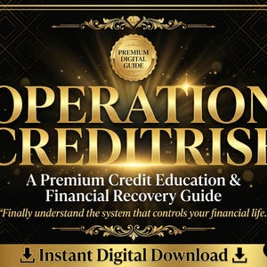 May include: A digital guide titled "OPERATION CREDITRISE" in gold lettering on a black background. The guide offers premium credit education and financial recovery. Includes the text "Instant Digital Download".