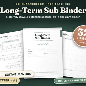 May include: A digital teacher binder set titled Long-Term Sub Binder, Maternity Leave & Extended Absence Edition. Includes 32 pages across 11 sections, featuring a seating chart, weekly plan, and cover page. Available in PDF and Word formats.